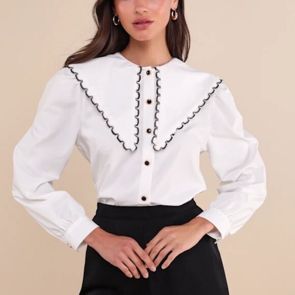 NWT SISTER JANE Saloon White Statement Collar Long Sleeve Button-Up Top S - Picture 1 of 5